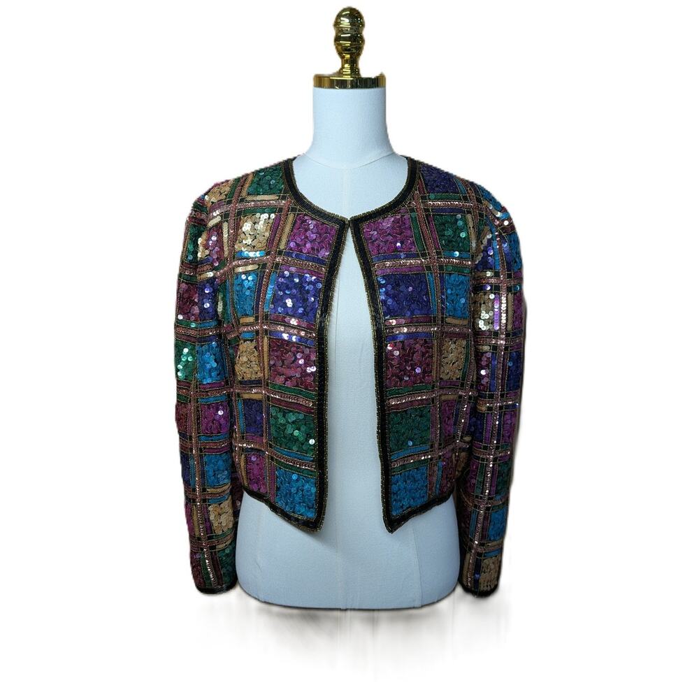 Vtg Laurence Kazar Womens Petite Small Silk Sequin Jacket Blazer Color Block